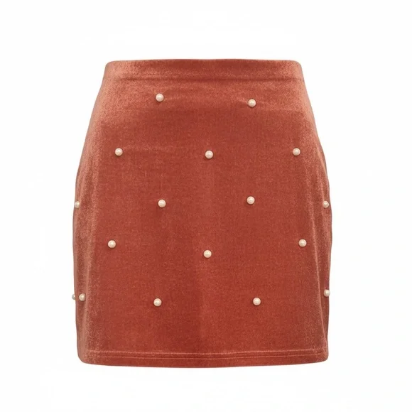 Rust colored Velvet Mini Skirt with Pearl Details - Picture 1 of 6